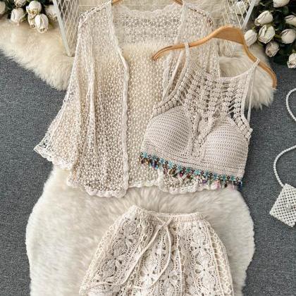 Beach Style Sets Women Vacation Knitted Cardigan+..