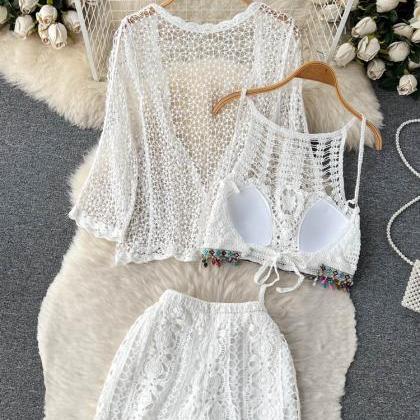 Beach Style Sets Women Vacation Knitted Cardigan+..