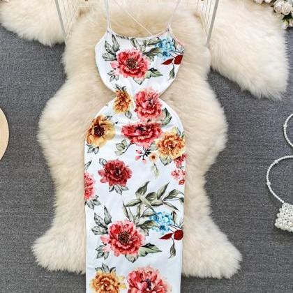 Chic Fashion Women Flower Print Long Dress Strap..