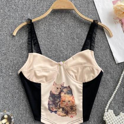 Cute Cat Print Women Camisole Backless V Neck..