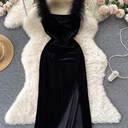Elegant Black Women Dress Fashion Fur Patchwork..