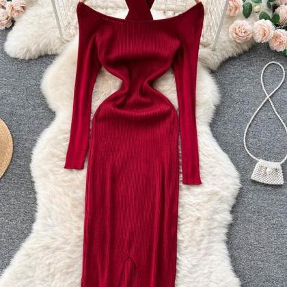 Elegant Cross Knitted Bodycon Dress Women Slim..