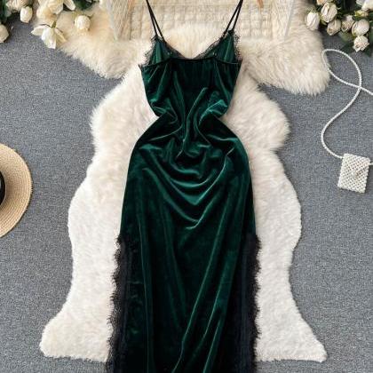 Elegant Lace Patchwork Straps Long Party Dress..