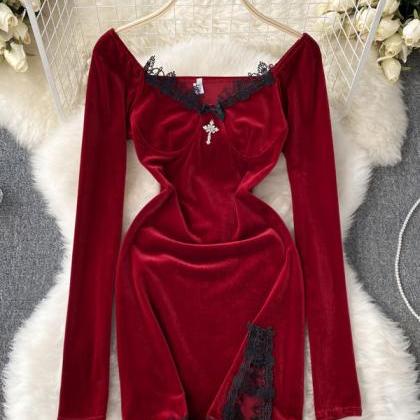 Fashion Christmas Party Red Mini Dress High Waist..