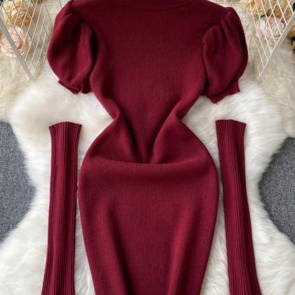 Fashion Clothes Women Puff Sleeve Knitted Bodycon..