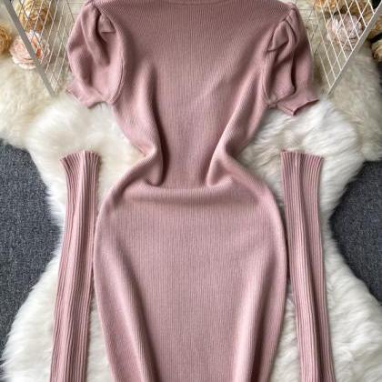 Fashion Clothes Women Puff Sleeve Knitted Bodycon..