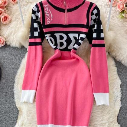 Fashion Letters Print Knitted Dress Women..
