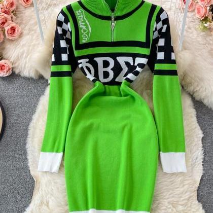 Fashion Letters Print Knitted Dress Women..