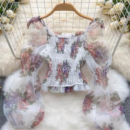 Fashion Organza Floral Print Blouse Women Long..