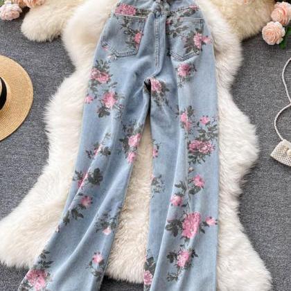 Fashion Rose Flower Print Blue Jeans Pants Women..