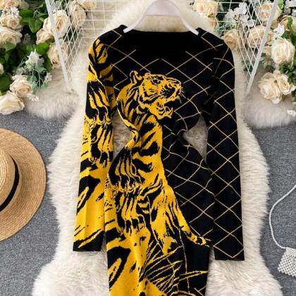 Fashion Tiger Knitted Dress Animal Jacquard..