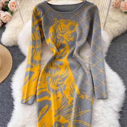 Fashion Tiger Knitted Dress Animal Jacquard..