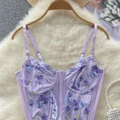 Floral Embroidery Underwear Top Women Strap..