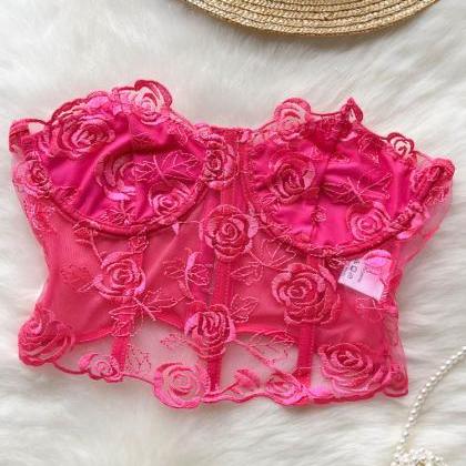 Floral Lace Embroidery Crop Top Women Patchwork..