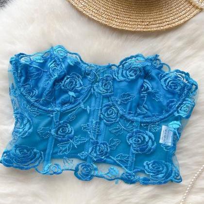 Floral Lace Embroidery Crop Top Women Patchwork..