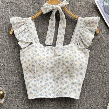 Floral Strap Tops Women Square Neck Bow Ruffles..