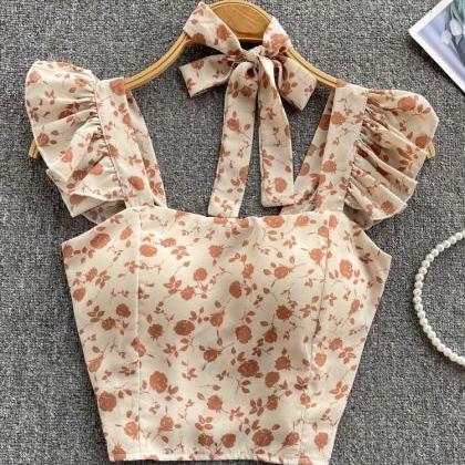 Floral Strap Tops Women Square Neck Bow Ruffles..