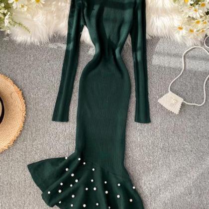 Irregular Beading Ruffle Mermaid Midi Dress Women..