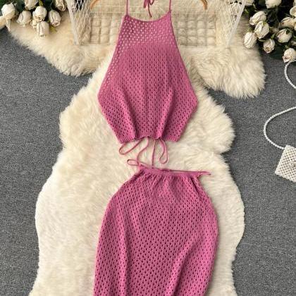 Knit Two Piece Sets Hollow Out Backless Tops Mini..