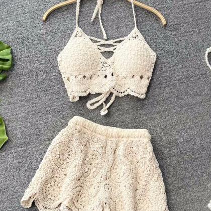 Knit Two Piece Sets Women Vacation Backless..