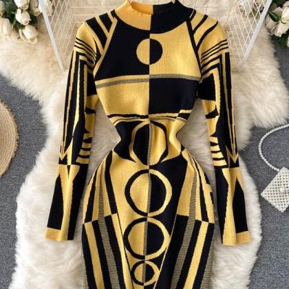 Knitted Bodycon Dress Women Geometric Yellow Long..