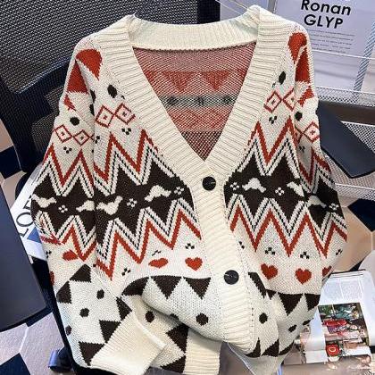 Knitted Cardigan Sweater Women Geometric Knitwear..