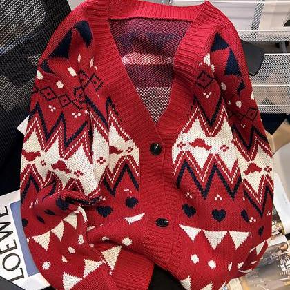 Knitted Cardigan Sweater Women Geometric Knitwear..