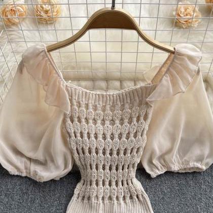 Knitted Spliced Short Blouse Square Collar Ruff..