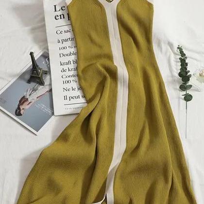 Knitted Split Long Dress Women V-neck Strap Basic..