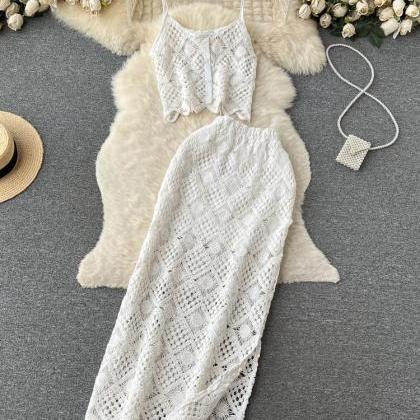 Lace Two Piece Sets Women Vacation Hook Hollow Out..
