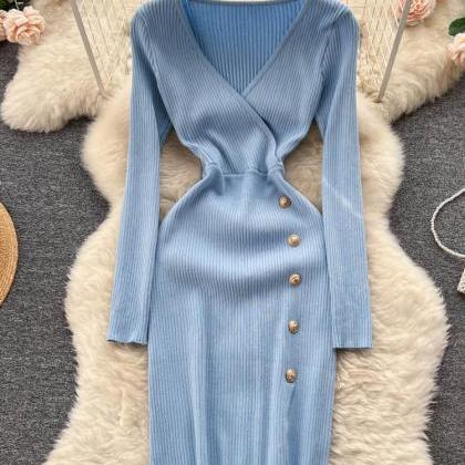 Lady V-neck Buttons Design Split Elegant Dress For..