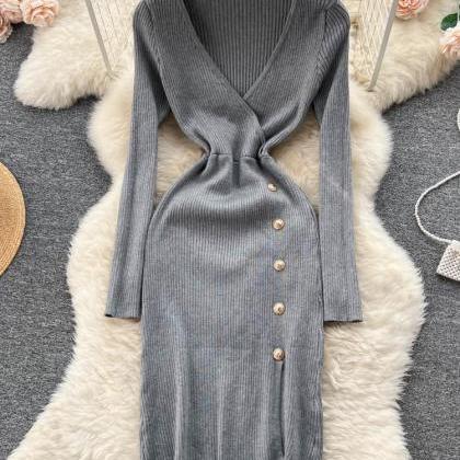 Lady V-neck Buttons Design Split Elegant Dress For..