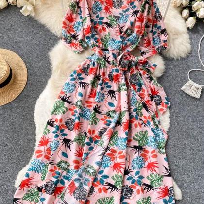 Luxury Floral Woman Dress Casual V-neck Sash..