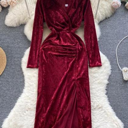Luxury Solid Velvet Long Dress Retro Vintage..