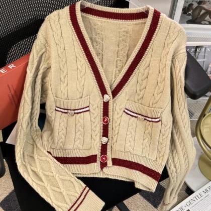 Vintage-inspired Cable Knit Cardigan With Contrast..