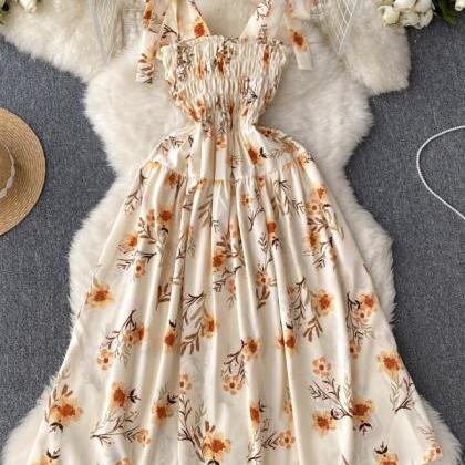 Romantic Floral Print Bandage Straps Dress..