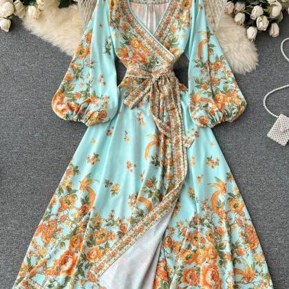 Romantic Floral Print Sash Bandage Long Dress..