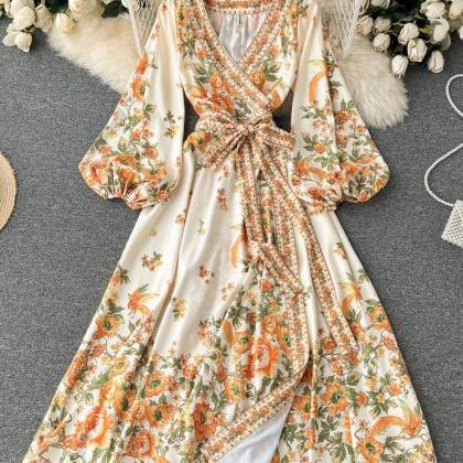 Romantic Floral Print Sash Bandage Long Dress..