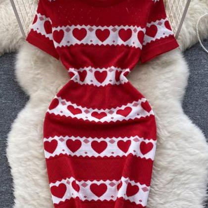 Romantic Heart Knitted Red Women Dress Harajuku..