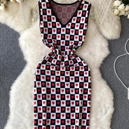 Romantic Heart Knitted Short Dress Women Casual..