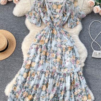 Romantic Lace Patchwork Floral Print Chiffon Dress..