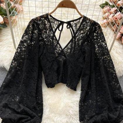 Sexy Backless Lace Shirt Hollow Out Transparent..