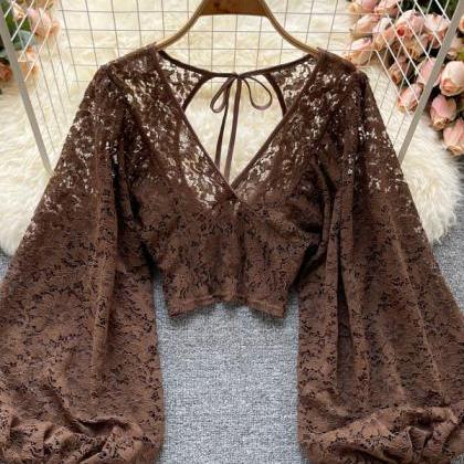 Sexy Backless Lace Shirt Hollow Out Transparent..