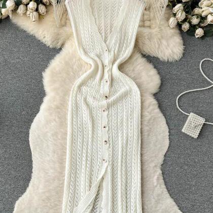 Sleeveless Knit Dress Women Elastic Waist V Neck..
