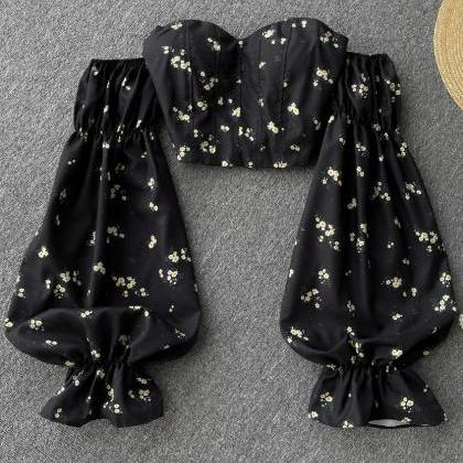Strapless Floral Blouse Elastic Ruched Slim Long..