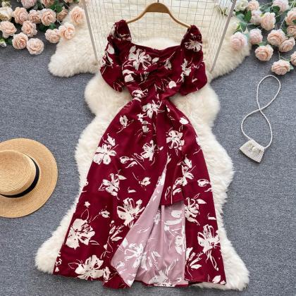 Women Dress Fashion Folds V-neck Floral Print Slit..
