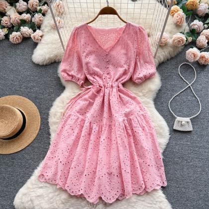 Women Dress Romantic Hollow Out Puff Sleeve Party..