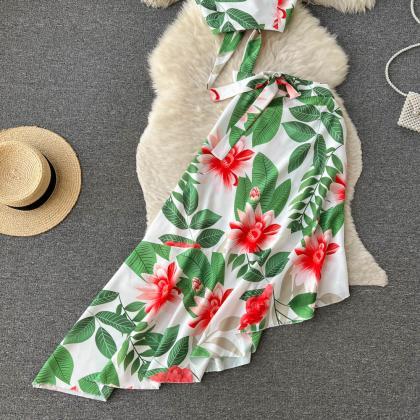 Women Dress Set Beach Fashion Floral Print Crop..
