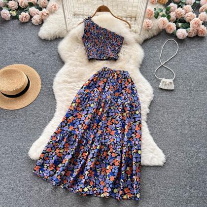 Women Dress Set Fashion Floral Print Crop Tops +..