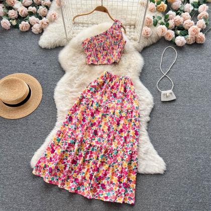 Women Dress Set Fashion Floral Print Crop Tops +..